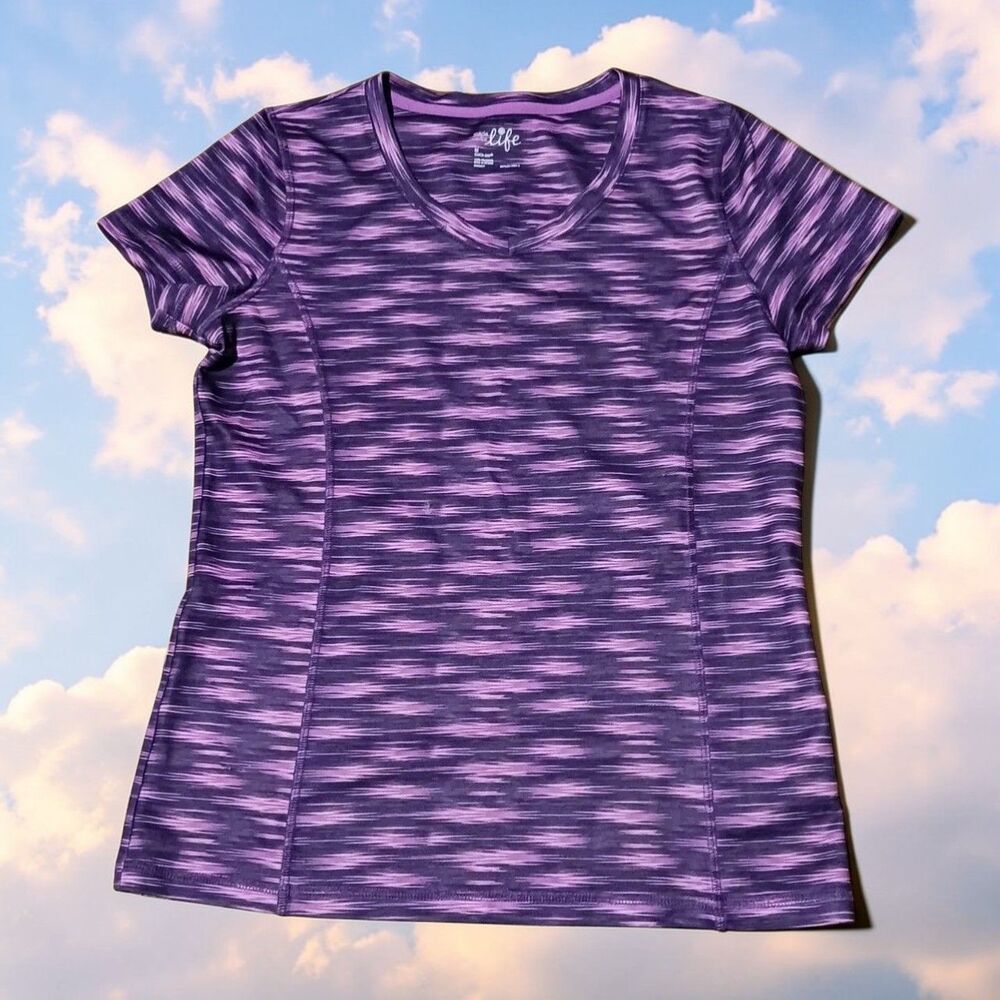 Made For Life Women's M Quick-Dry Athletic V-Neck T-Shirt Purple Striped